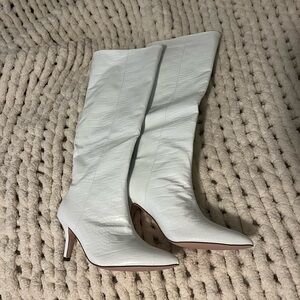 CHASE AND CHLOE Mid-Calf Pointed Toe Boot- WHITE CROC